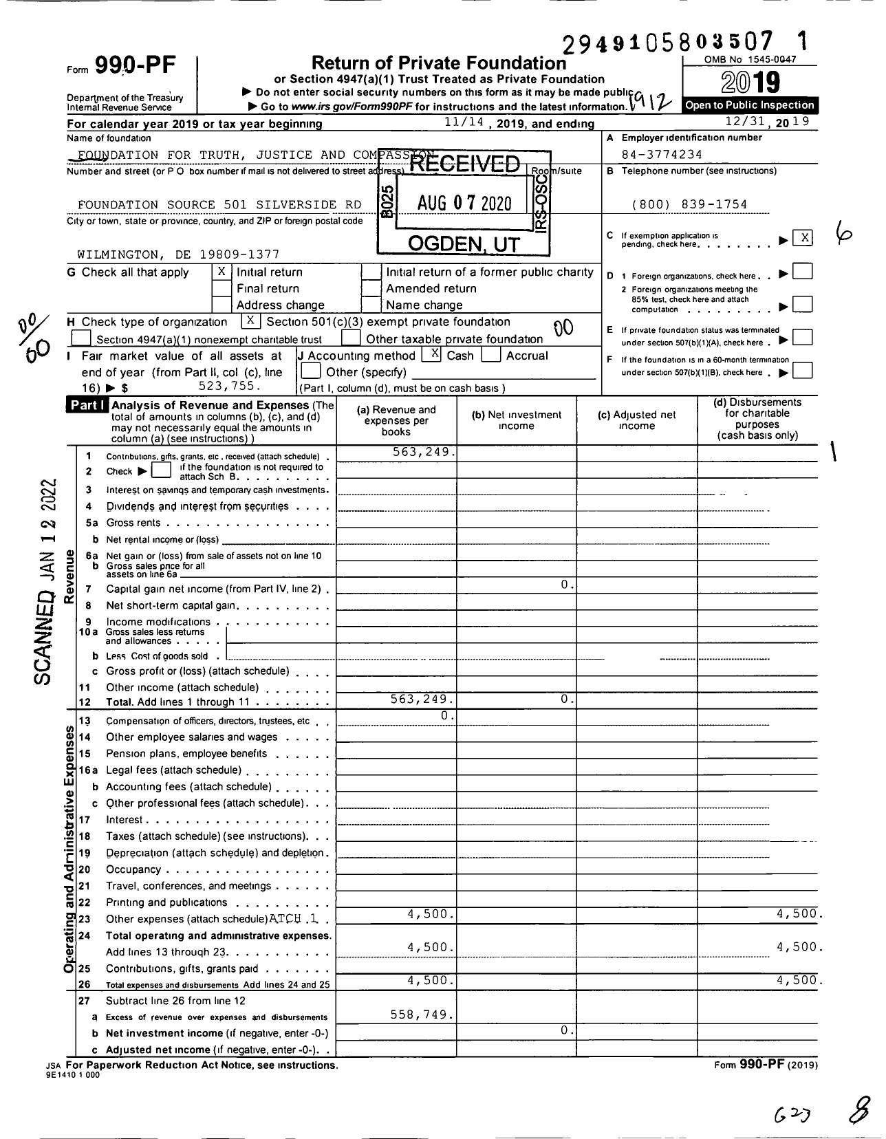 Image of first page of 2019 Form 990PF for Foundation for Truth Justice and Compassion