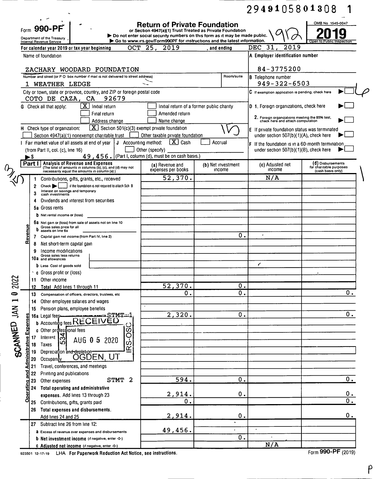 Image of first page of 2019 Form 990PF for Zachary Woodard Foundation