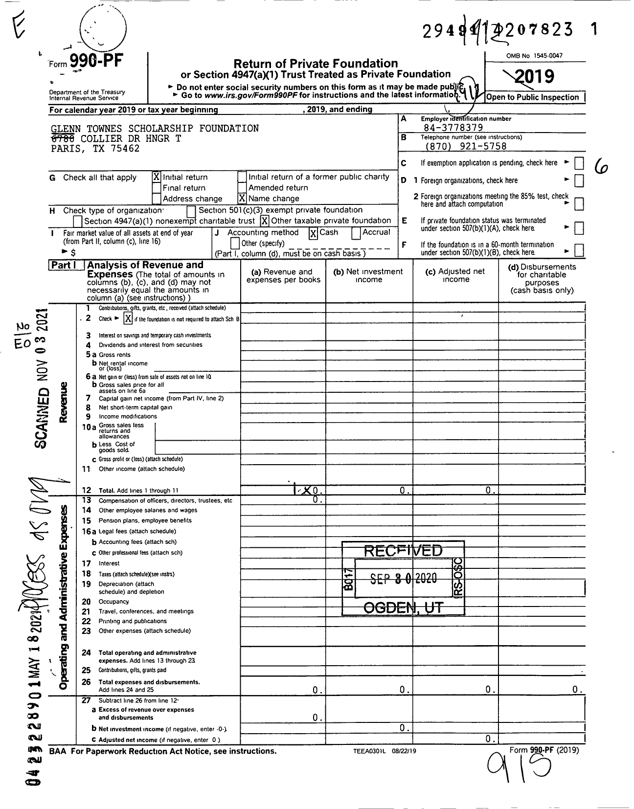 Image of first page of 2019 Form 990PF for Glenn Townes Scholarship Foundation