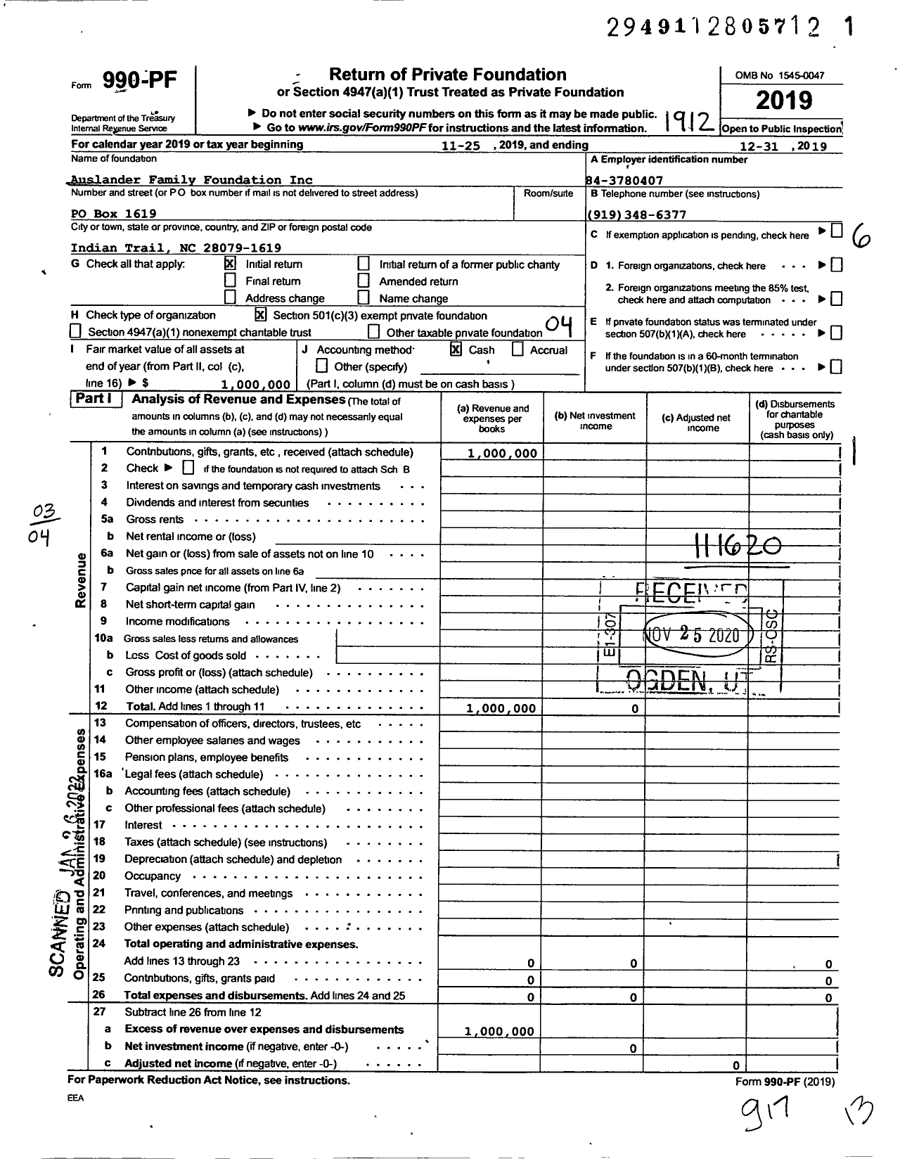 Image of first page of 2019 Form 990PF for Auslander Family Foundation