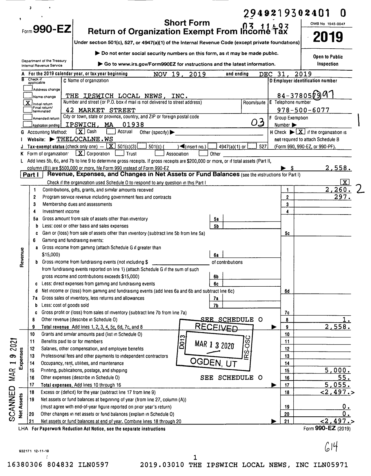 Image of first page of 2019 Form 990EZ for The Ipswich Local News