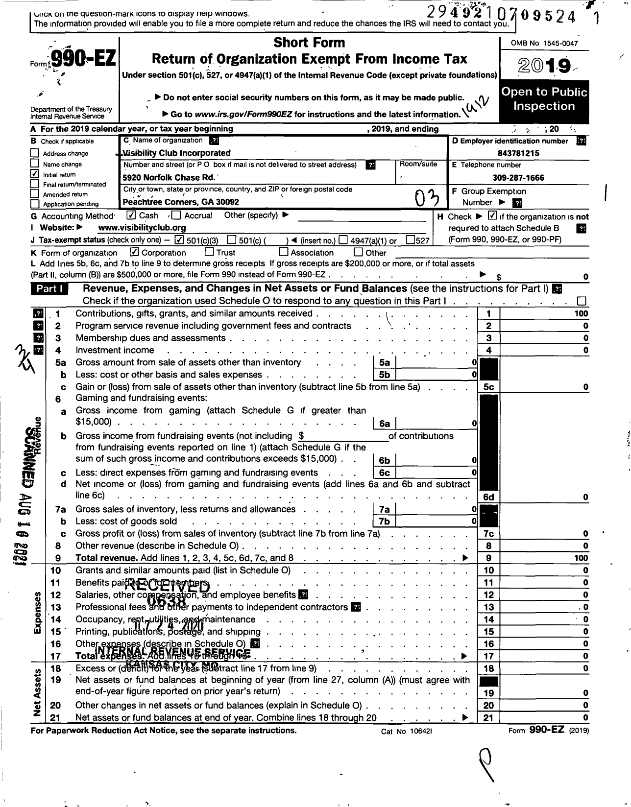 Image of first page of 2019 Form 990EZ for Visibility Club Incorporated