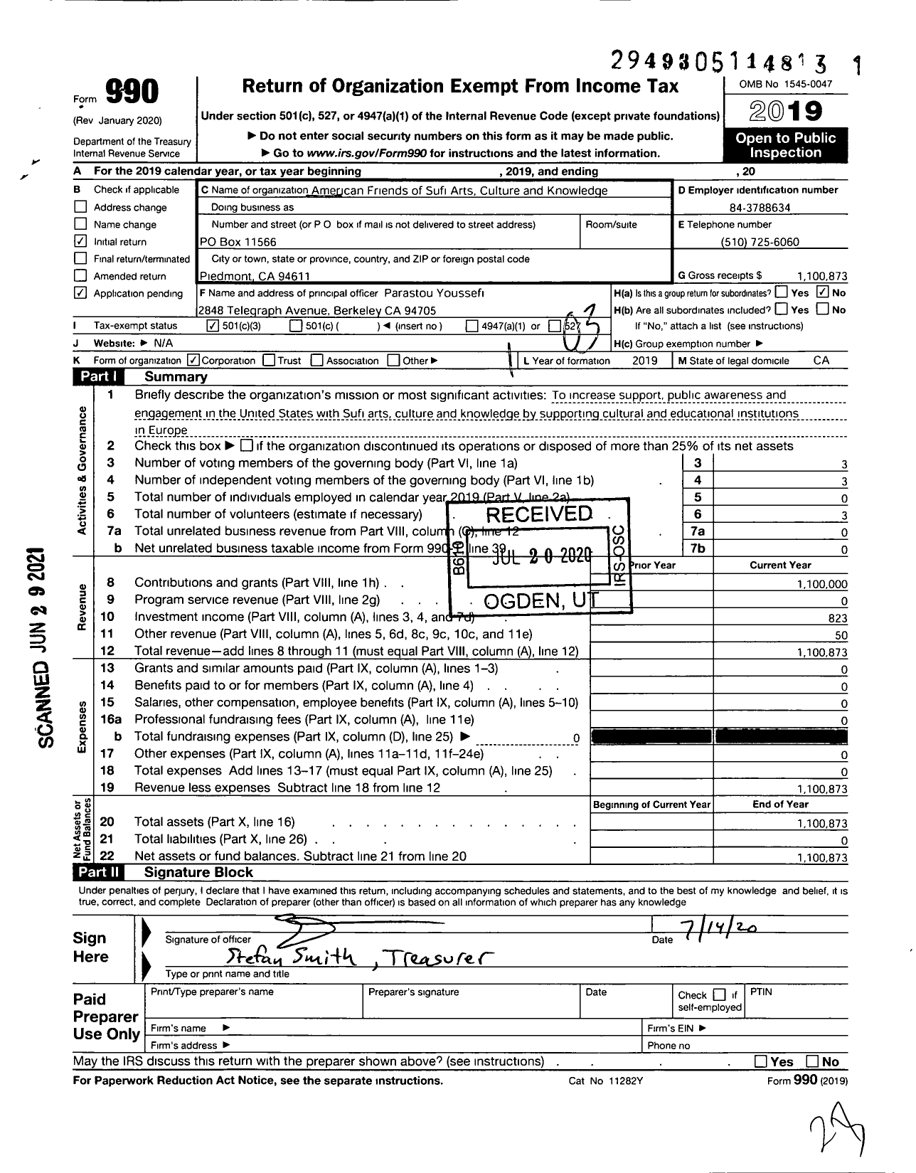 Image of first page of 2019 Form 990 for American Friends of Sufi Arts Culture and Knowledge