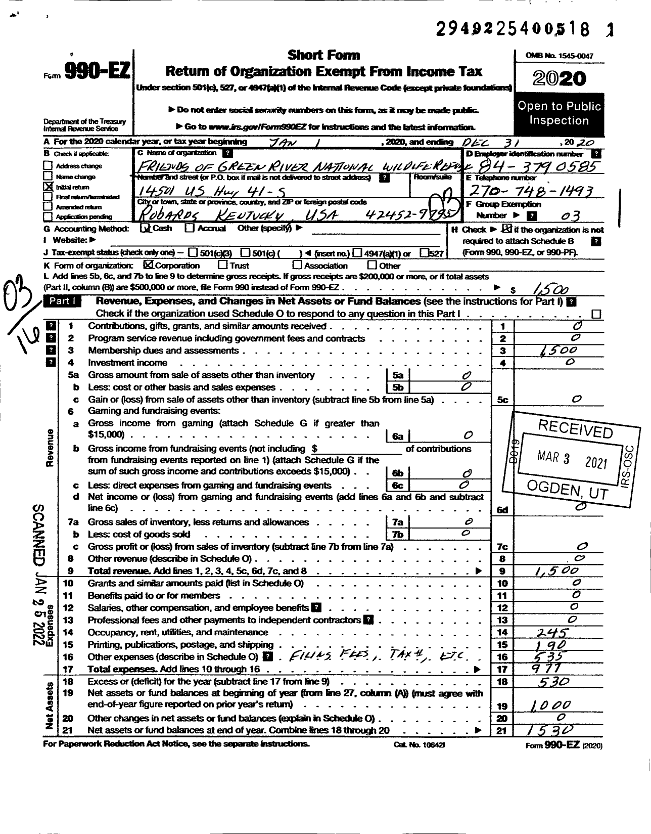 Image of first page of 2020 Form 990EZ for Friends of Green River National Wildlife Refuge