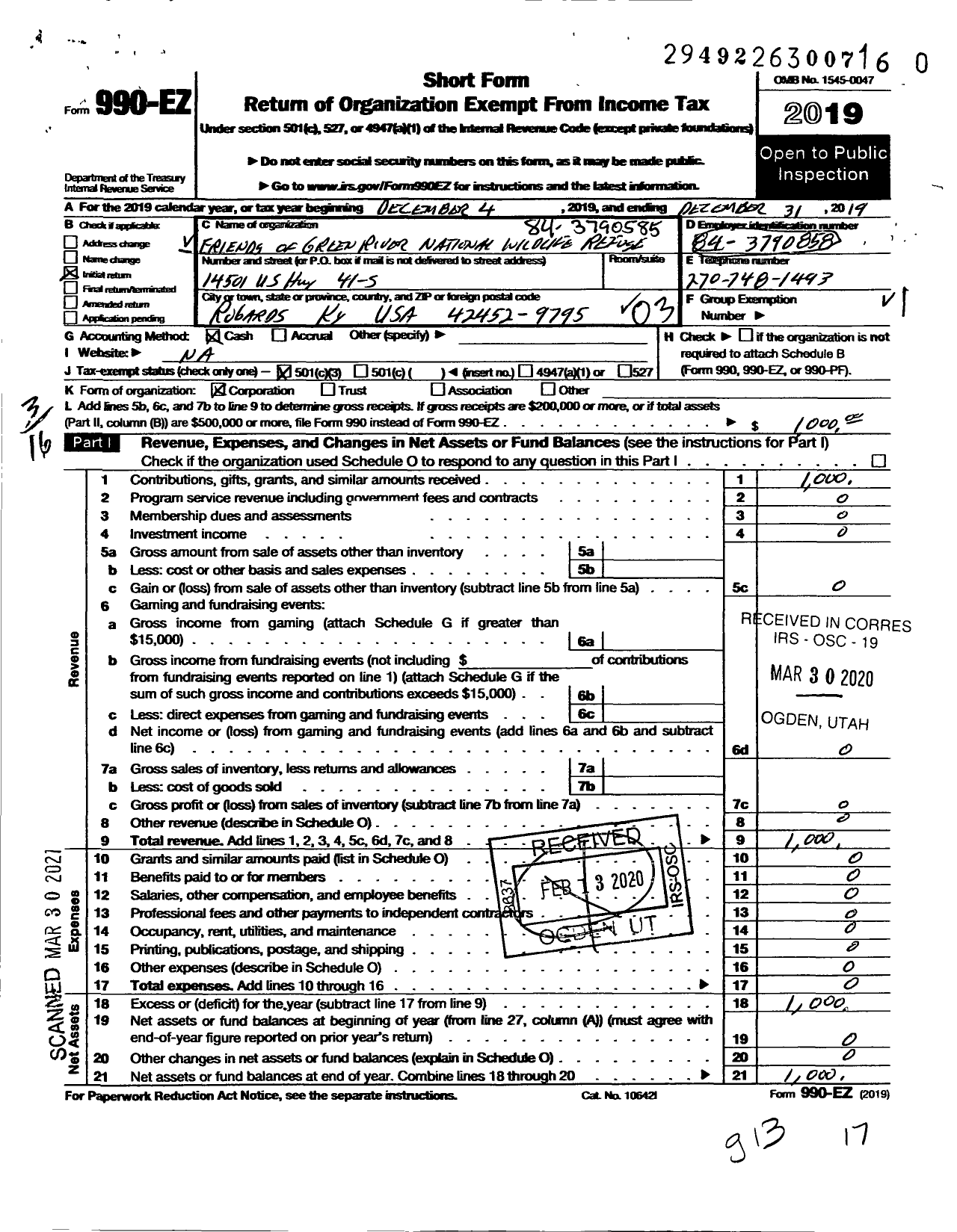 Image of first page of 2019 Form 990EZ for Friends of Green River National Wildlife Refuge