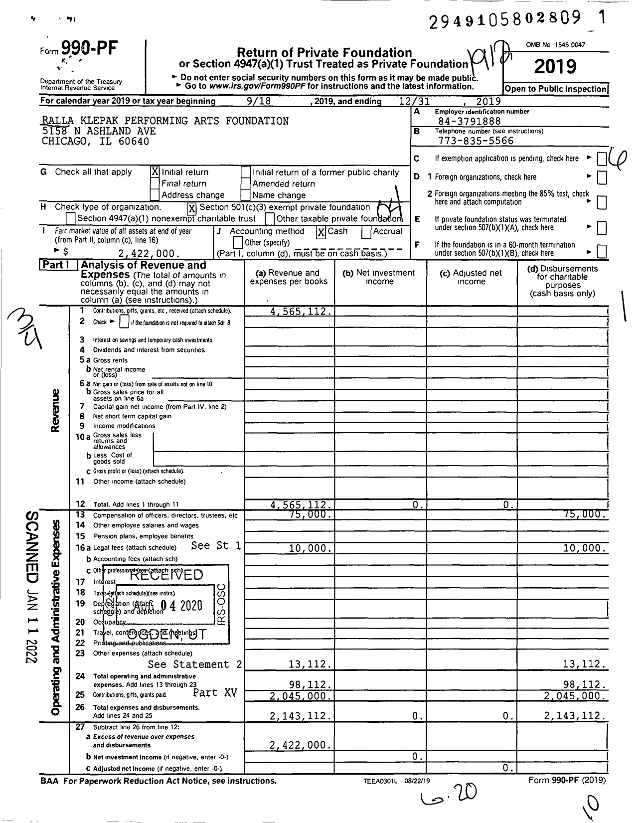 Image of first page of 2019 Form 990PF for Ralla Klepak Performing Arts Foundation