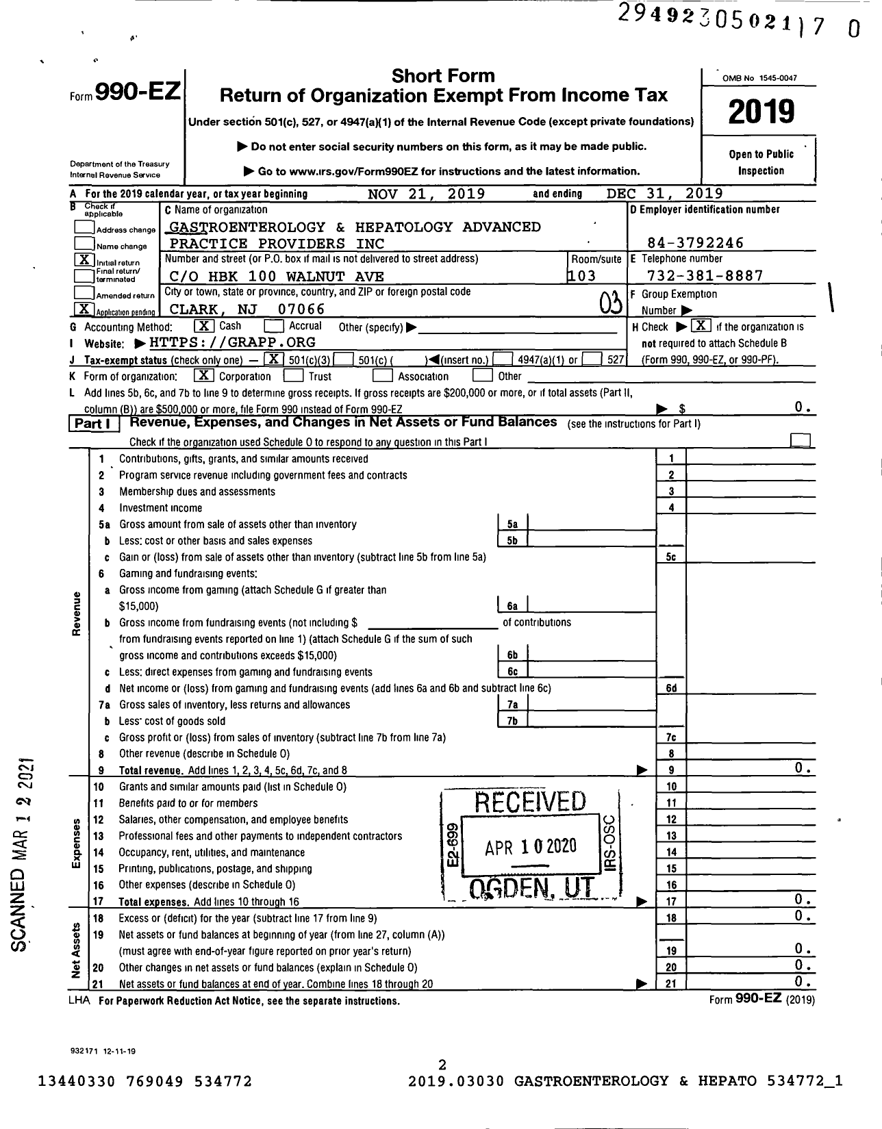 Image of first page of 2019 Form 990EZ for Gastroenterology and Hepatology Advanced Practice Providers (GHAPP)