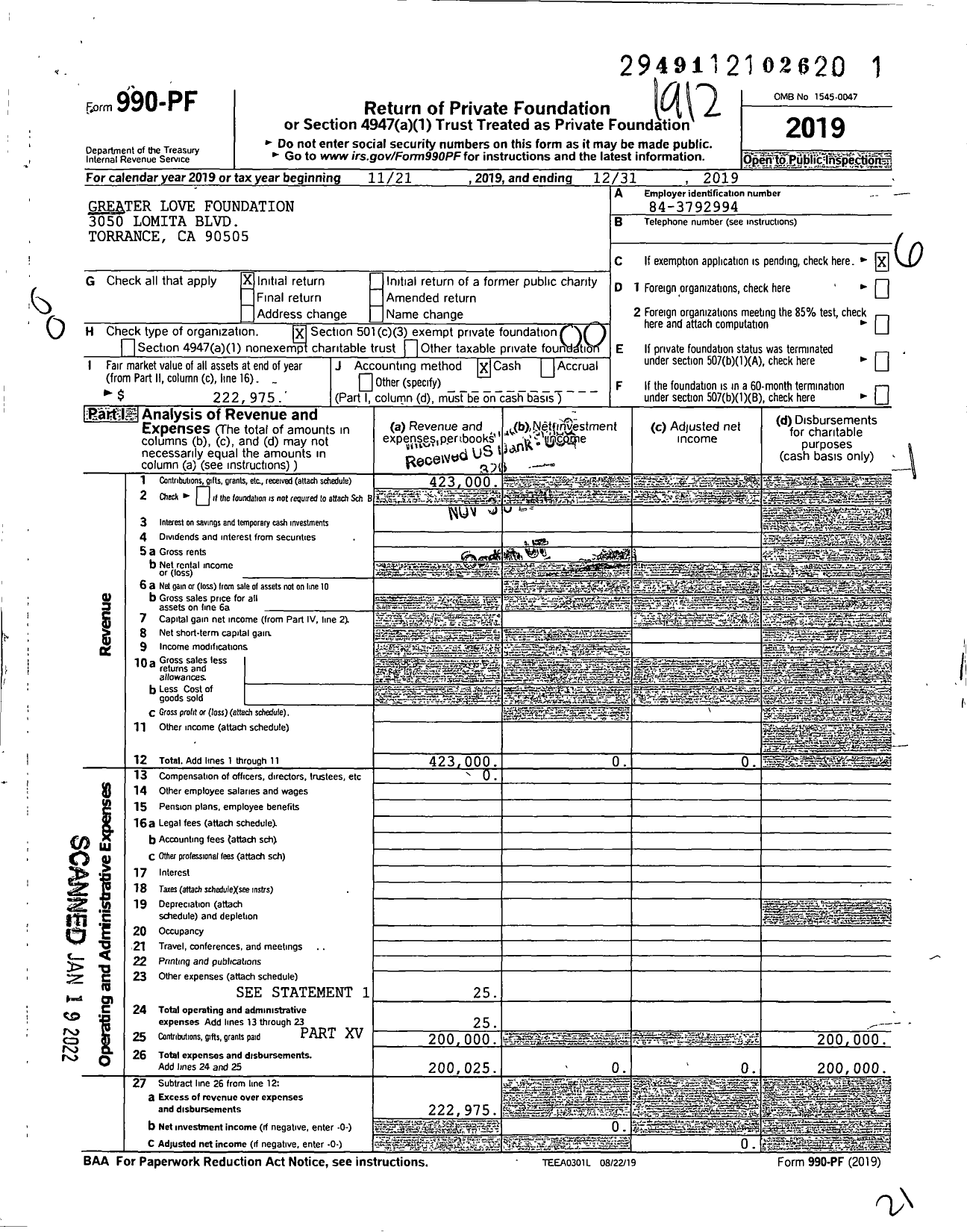 Image of first page of 2019 Form 990PF for Greater Love Foundation