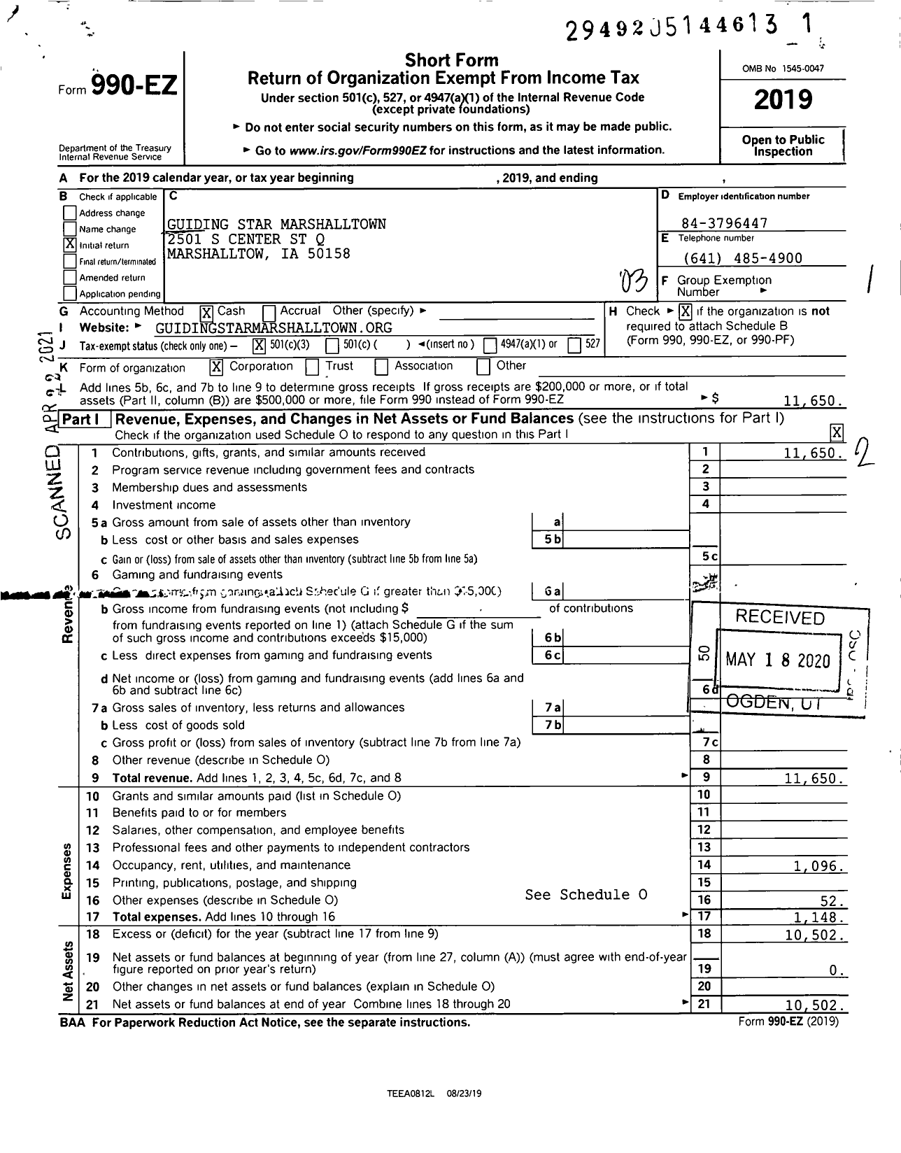 Image of first page of 2019 Form 990EZ for Guiding Star Marshalltown