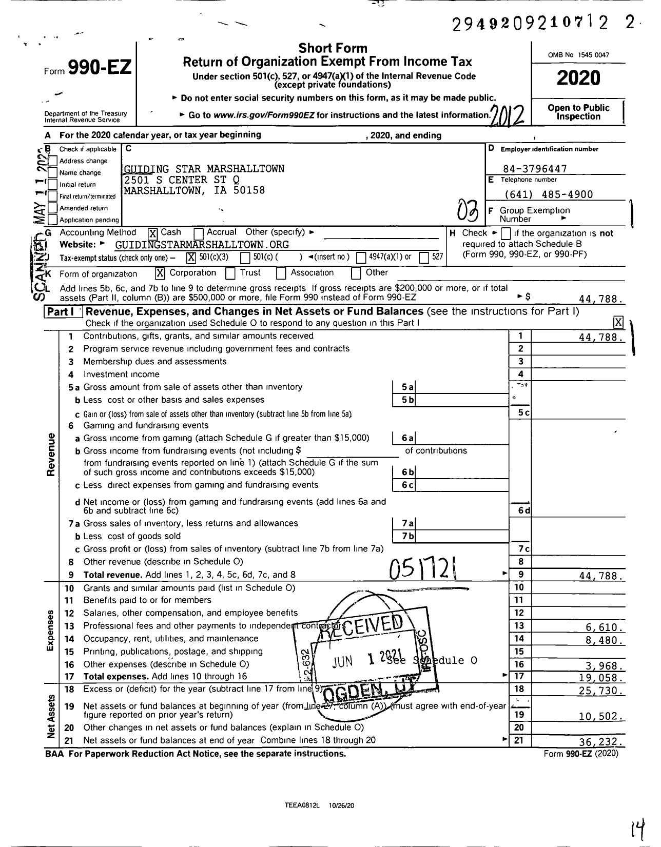 Image of first page of 2020 Form 990EZ for Guiding Star Marshalltown