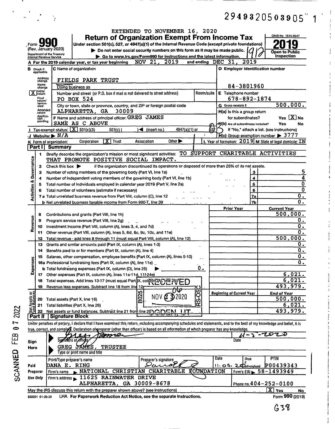 Image of first page of 2019 Form 990 for Fields Park Trust