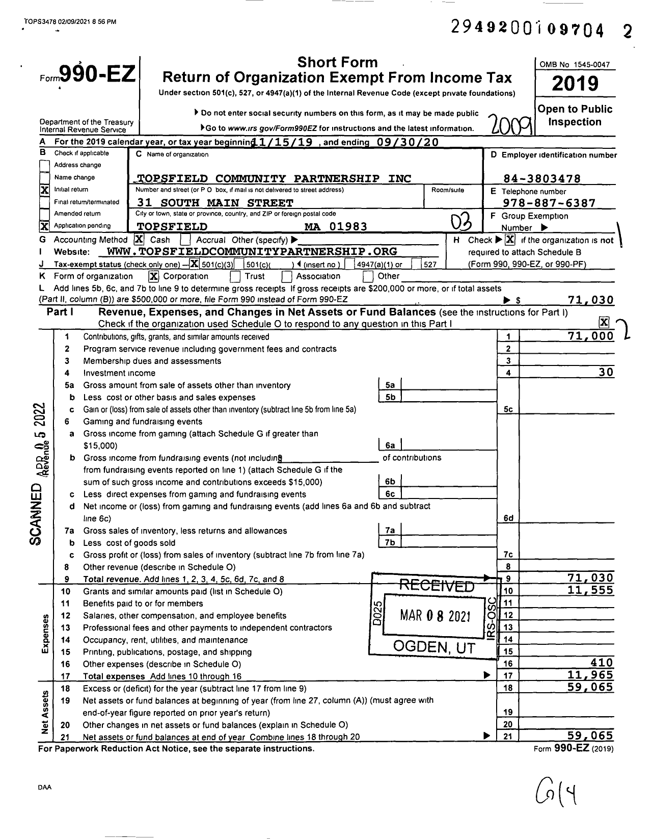 Image of first page of 2019 Form 990EZ for Topsfield Community Partnership