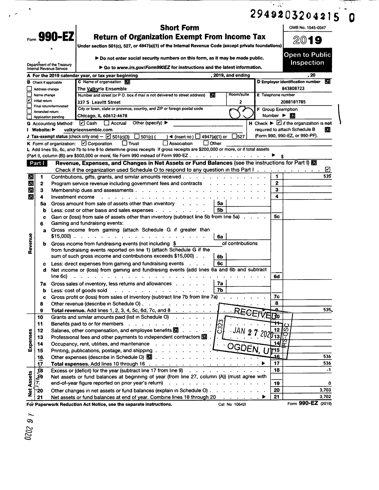 Image of first page of 2019 Form 990EZ for Valkyrie Ensemble