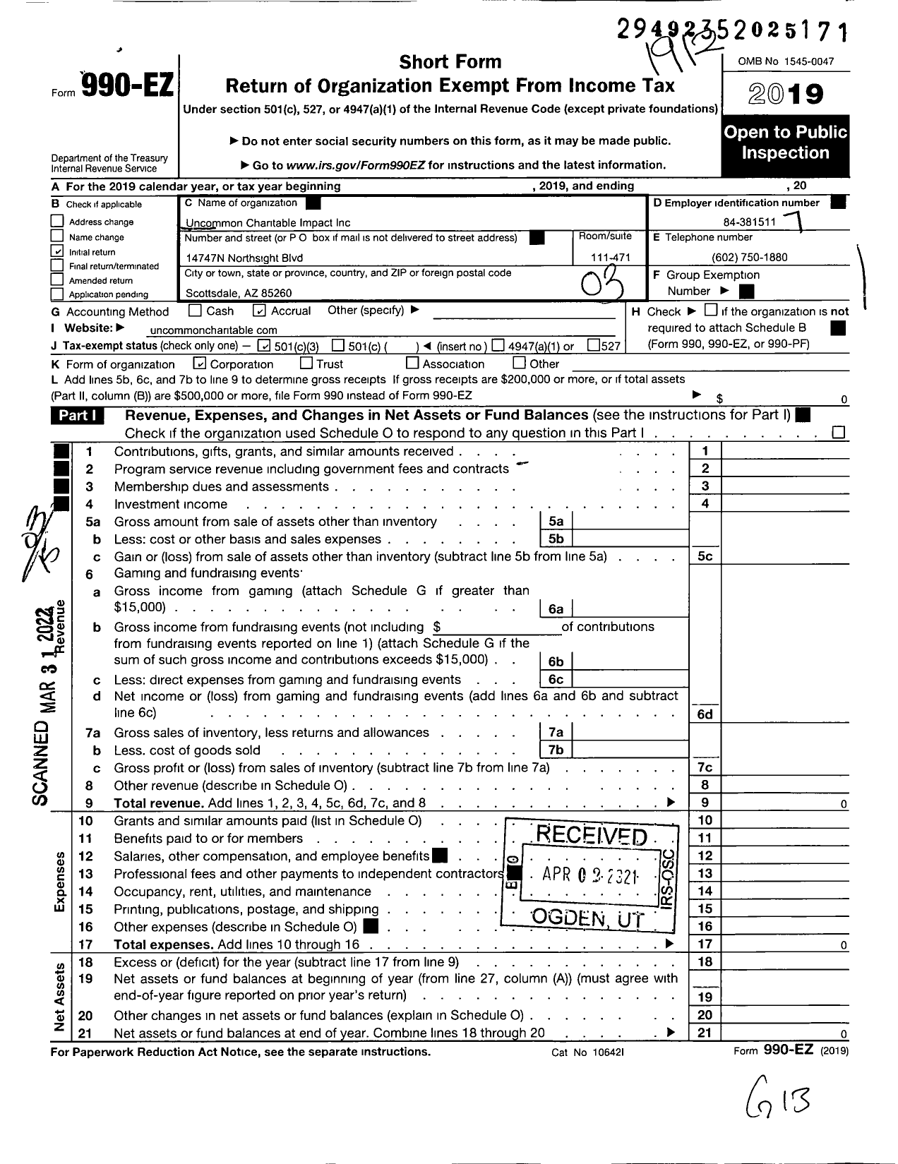 Image of first page of 2019 Form 990EZ for Uncommon Charitable Impact