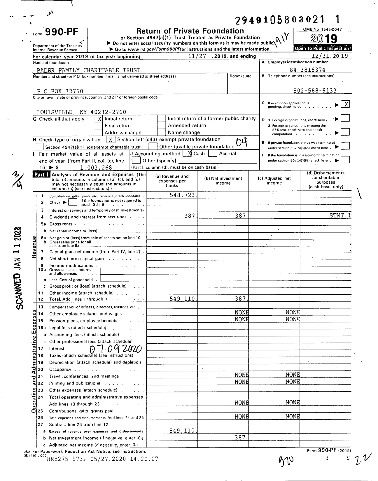 Image of first page of 2019 Form 990PF for Bader Family Charitable Trust