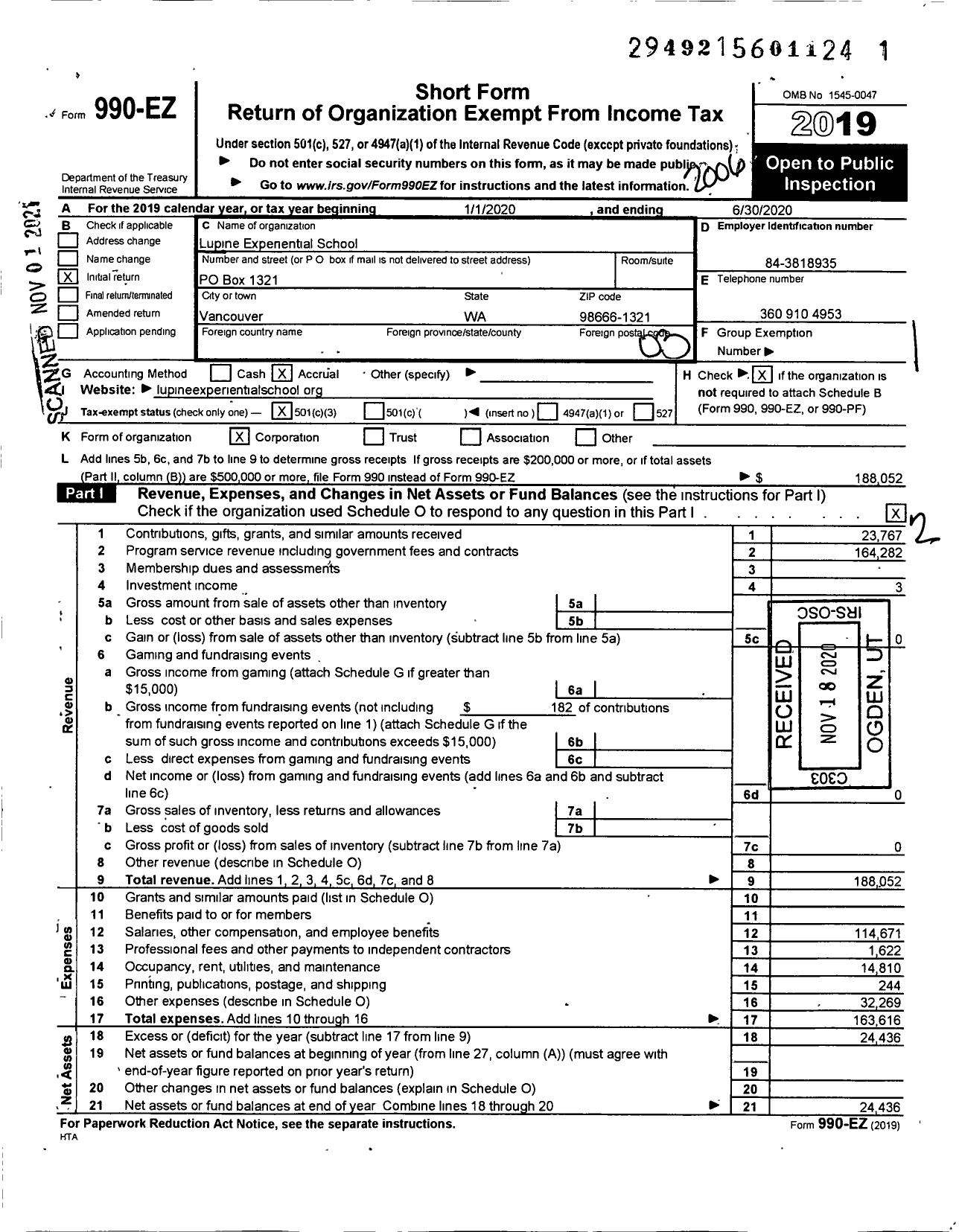 Image of first page of 2019 Form 990EZ for Lupine Experiential School