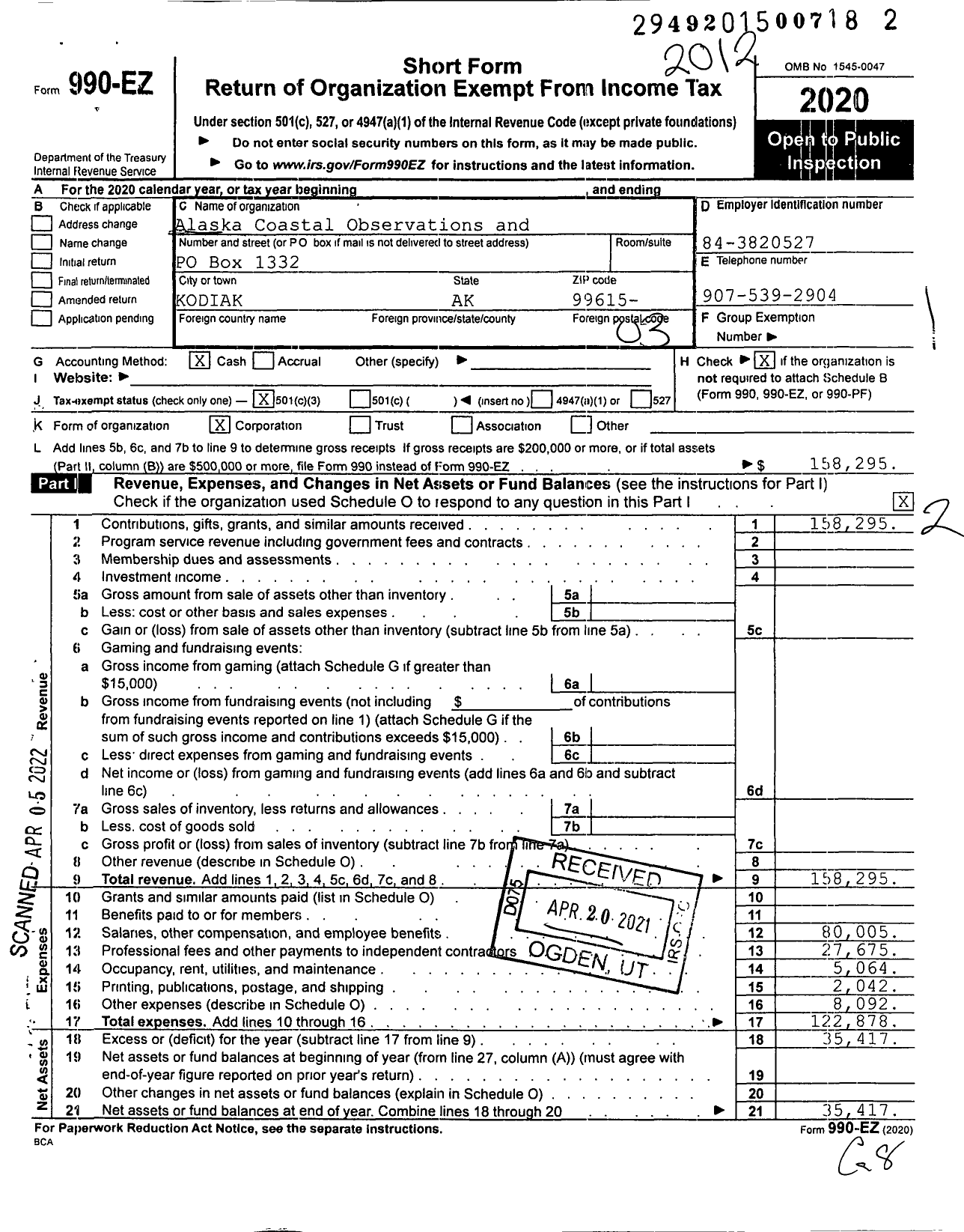 Image of first page of 2020 Form 990EZ for Alaska Coastal Observations and Research