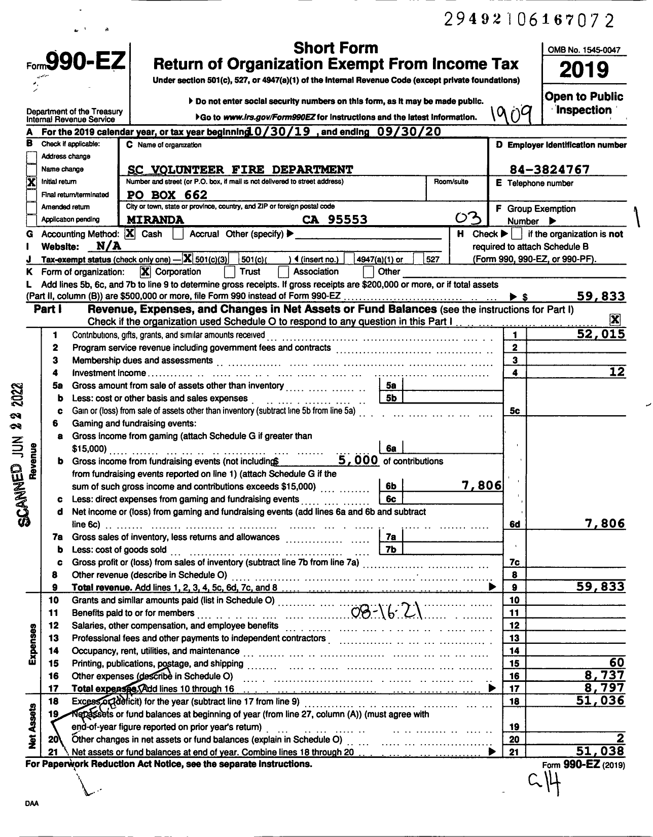 Image of first page of 2018 Form 990EZ for SC Volunteer Fire Department