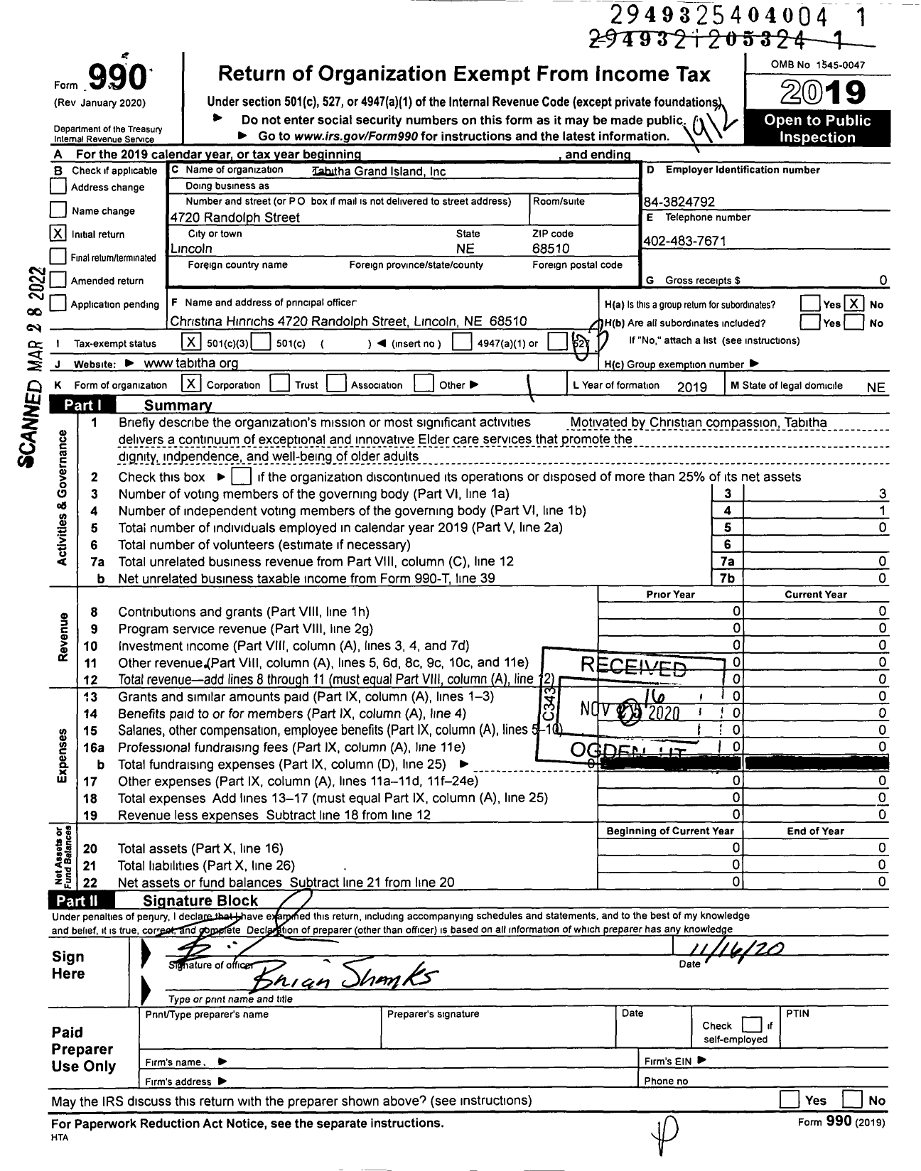Image of first page of 2019 Form 990 for Tabitha Grand Island