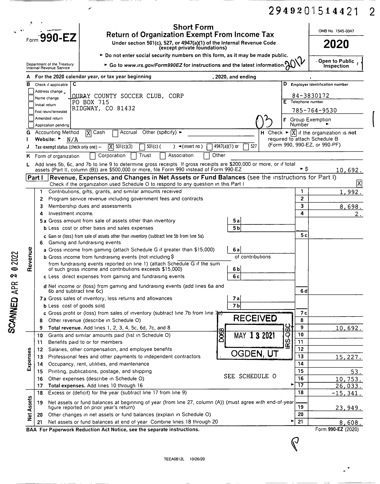 Image of first page of 2020 Form 990EZ for Ouray County Soccer Club Corporation