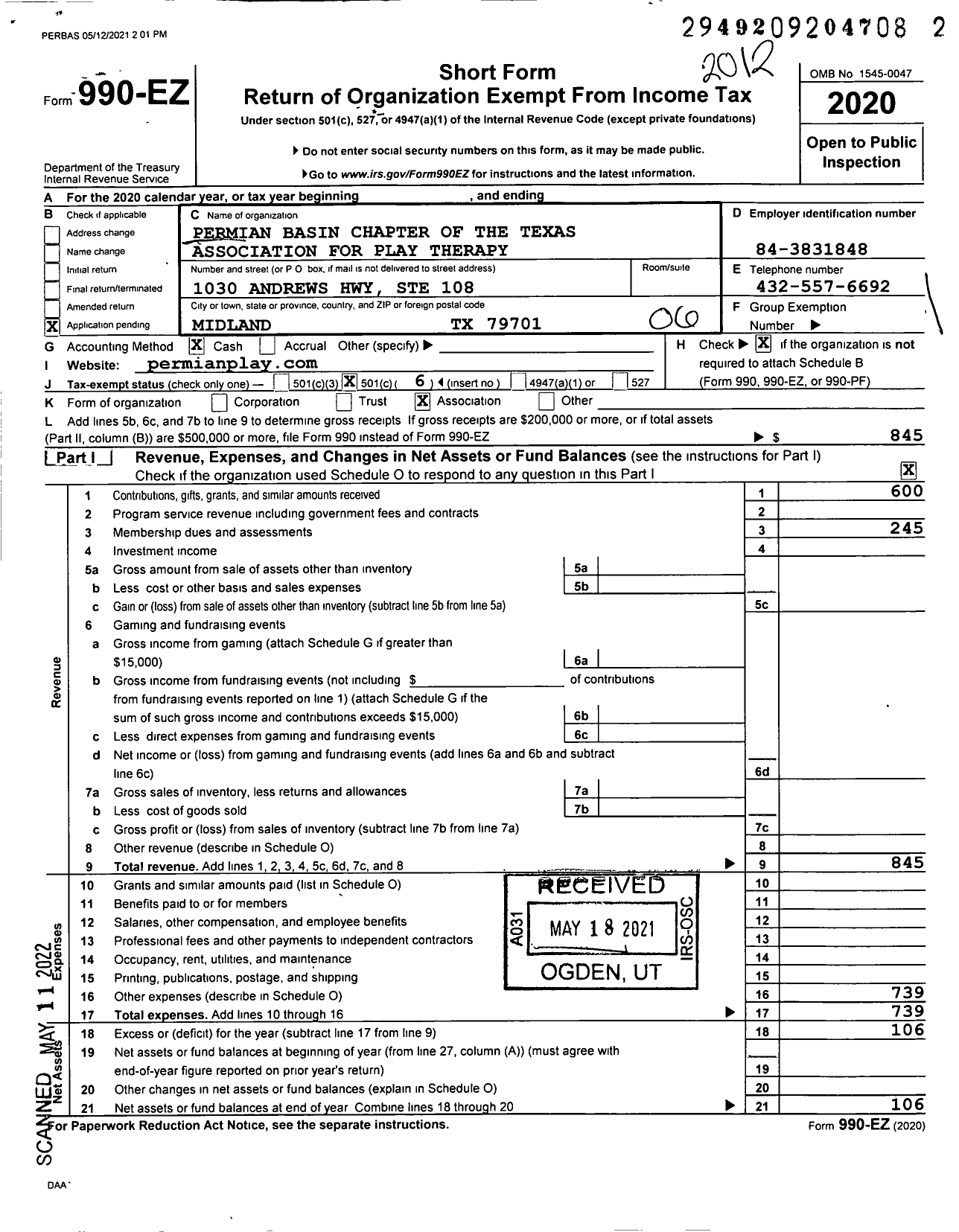 Image of first page of 2020 Form 990EO for Permian Basin Chapter of the Texas Association for Play Therapy