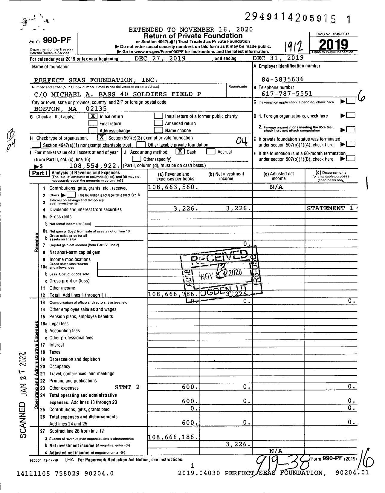 Image of first page of 2019 Form 990PF for Perfect Seas Foundation