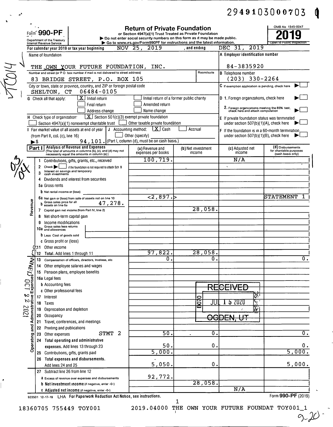 Image of first page of 2019 Form 990PF for The Own Your Future Foundation