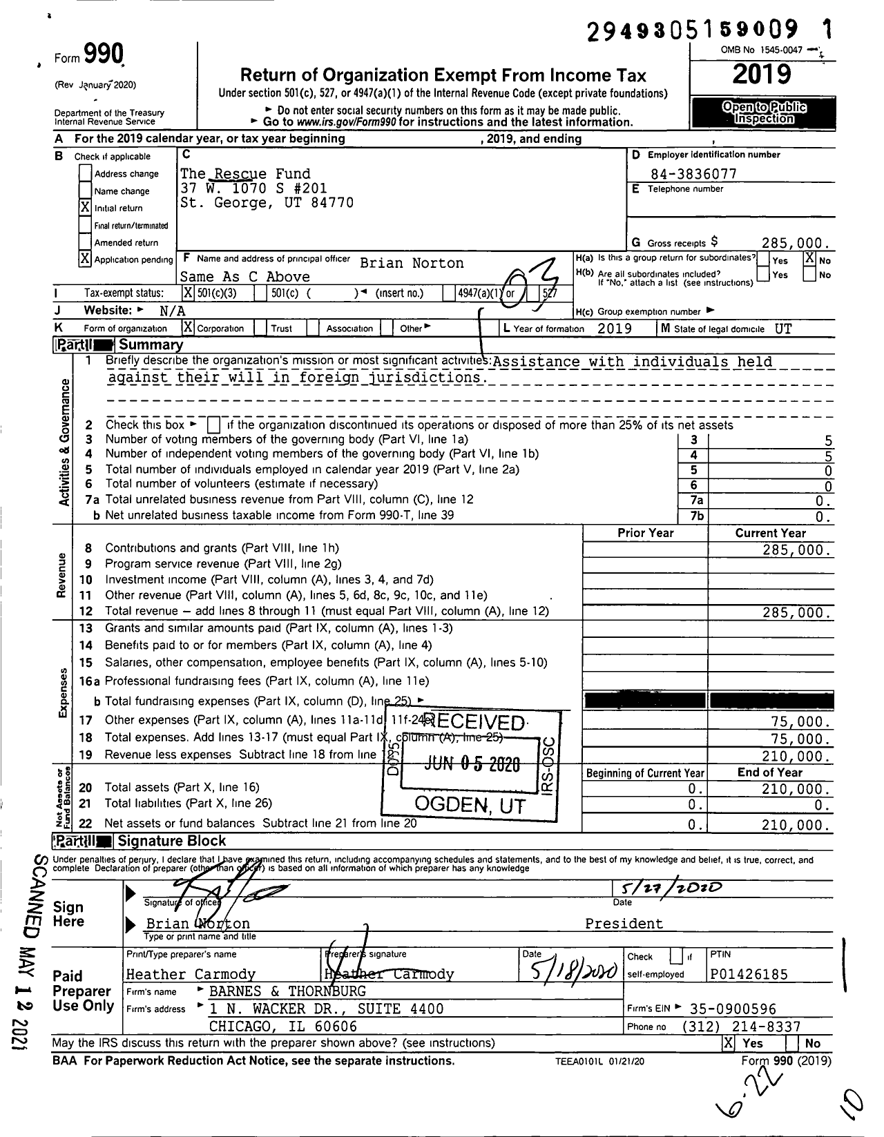 Image of first page of 2019 Form 990 for The Rescue Fund