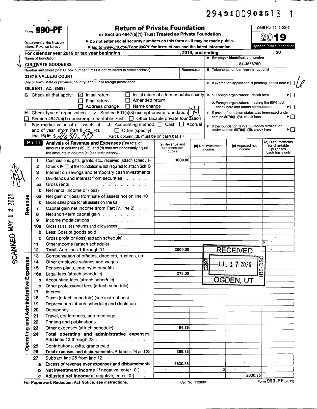 Image of first page of 2019 Form 990PF for Cultivate Goodness