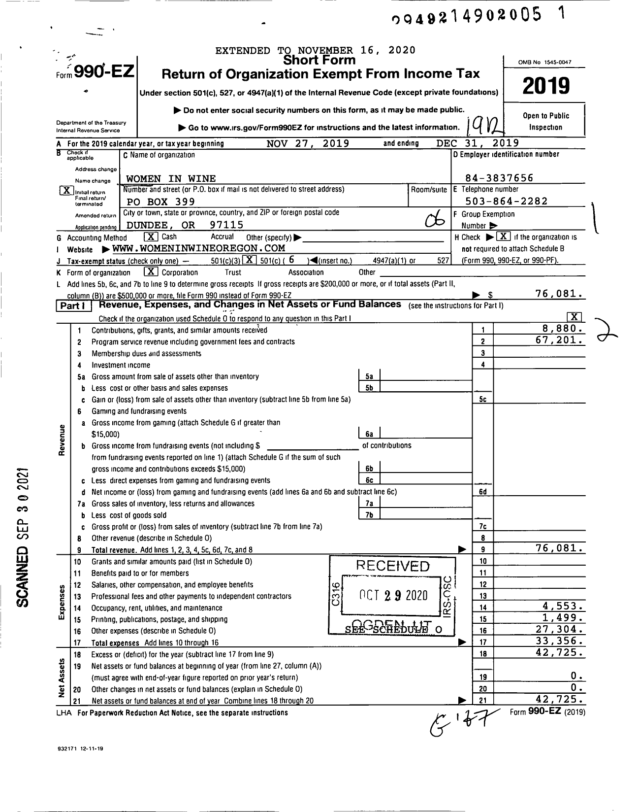 Image of first page of 2019 Form 990EO for Women in Wine