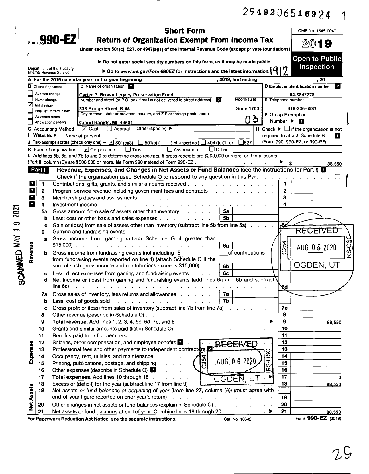 Image of first page of 2019 Form 990EZ for Carter P Brown Legacy Preservation Fund