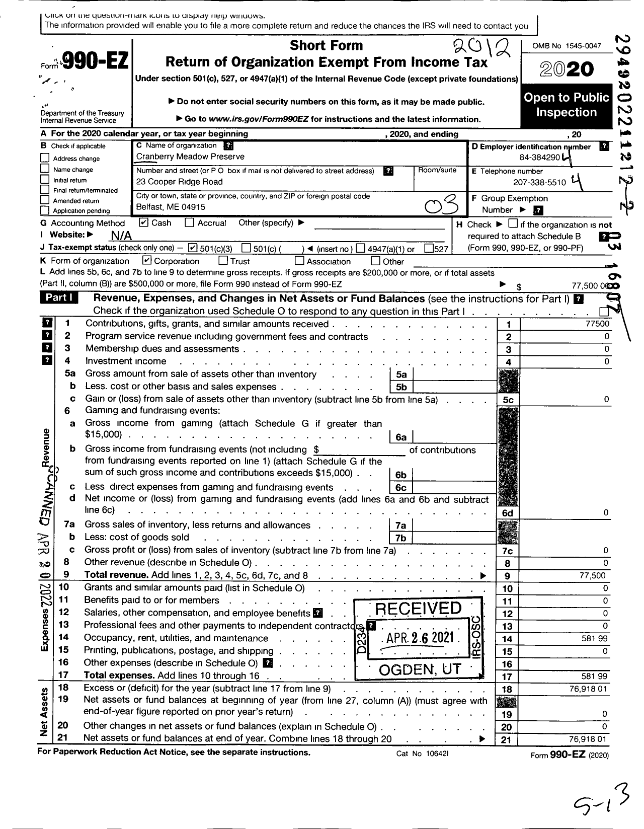 Image of first page of 2020 Form 990EZ for Cranberry Meadow Preserve