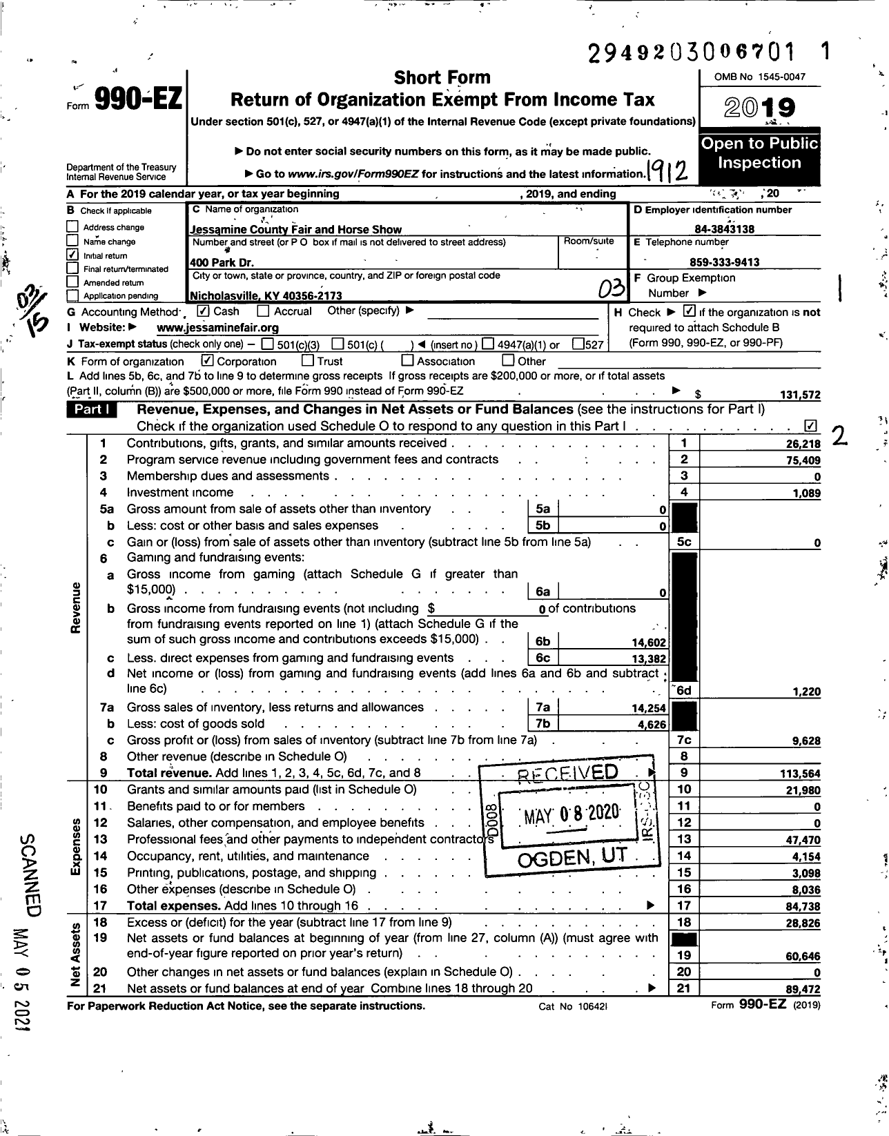 Image of first page of 2019 Form 990EZ for Jessamine County Fair Association