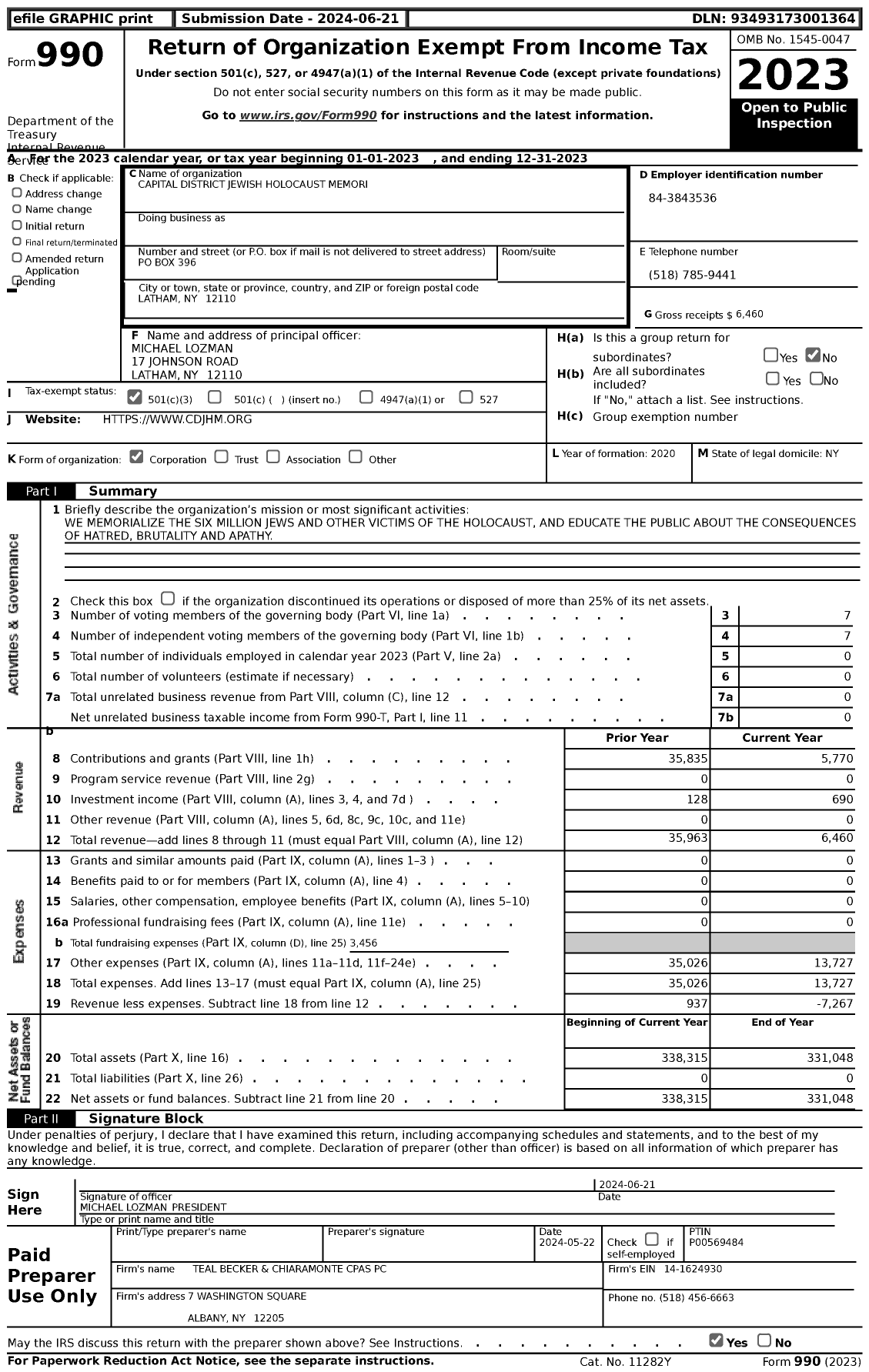 Image of first page of 2023 Form 990 for Capital District Jewish Holocaust Memorial