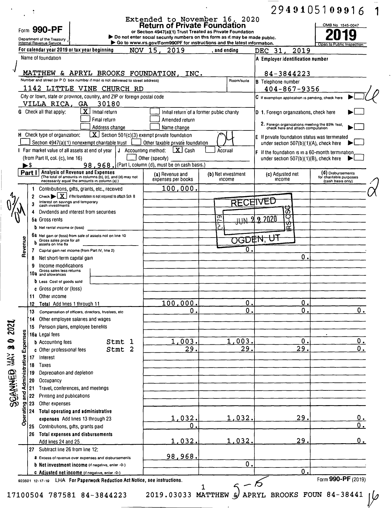 Image of first page of 2019 Form 990PF for Matthew and Apryl Brooks Foundation