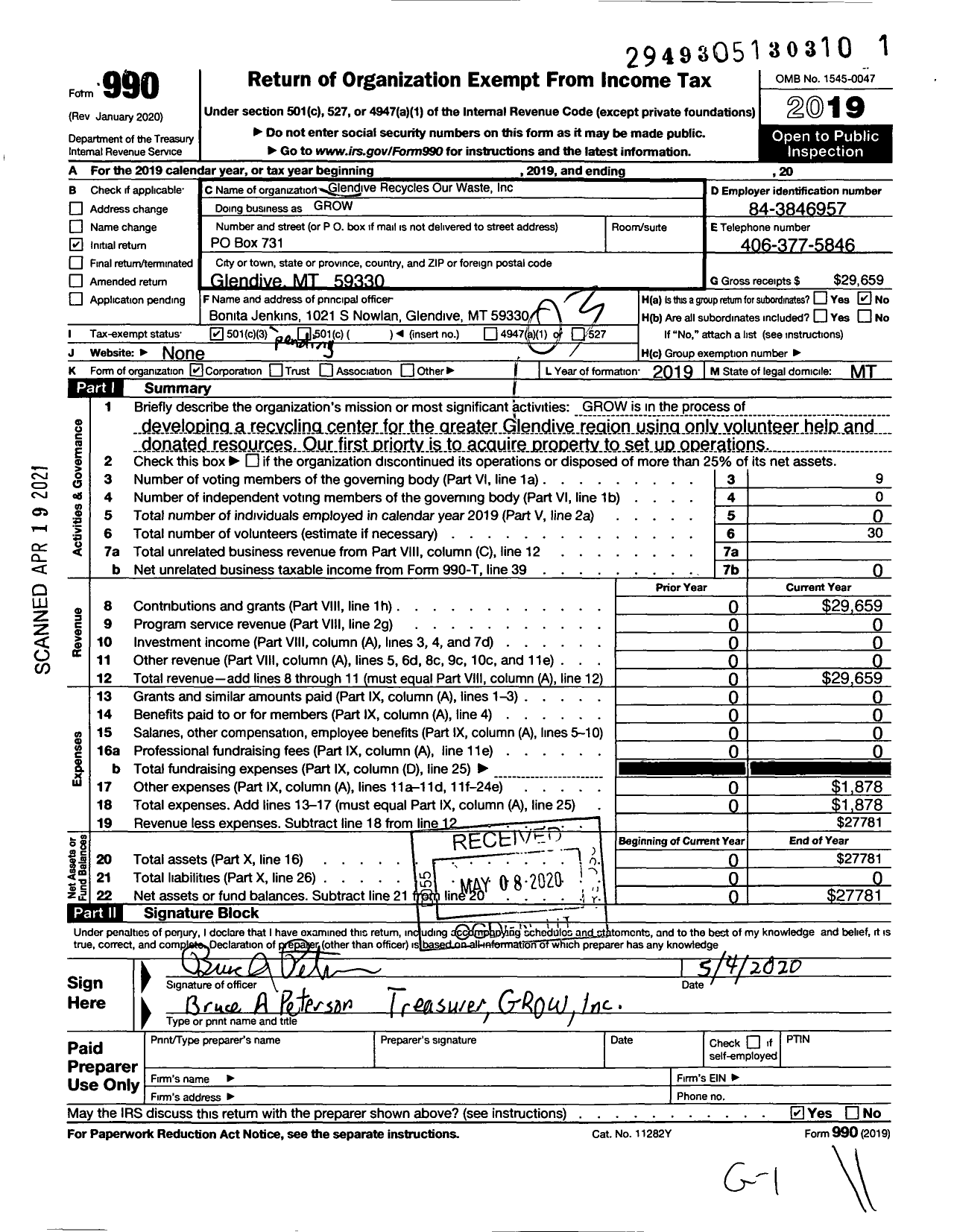 Image of first page of 2019 Form 990 for Glendive Recycles Our Waste (GROW)