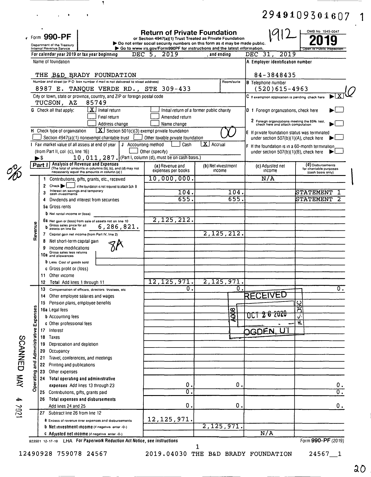 Image of first page of 2019 Form 990PF for The B&D Brady Foundation