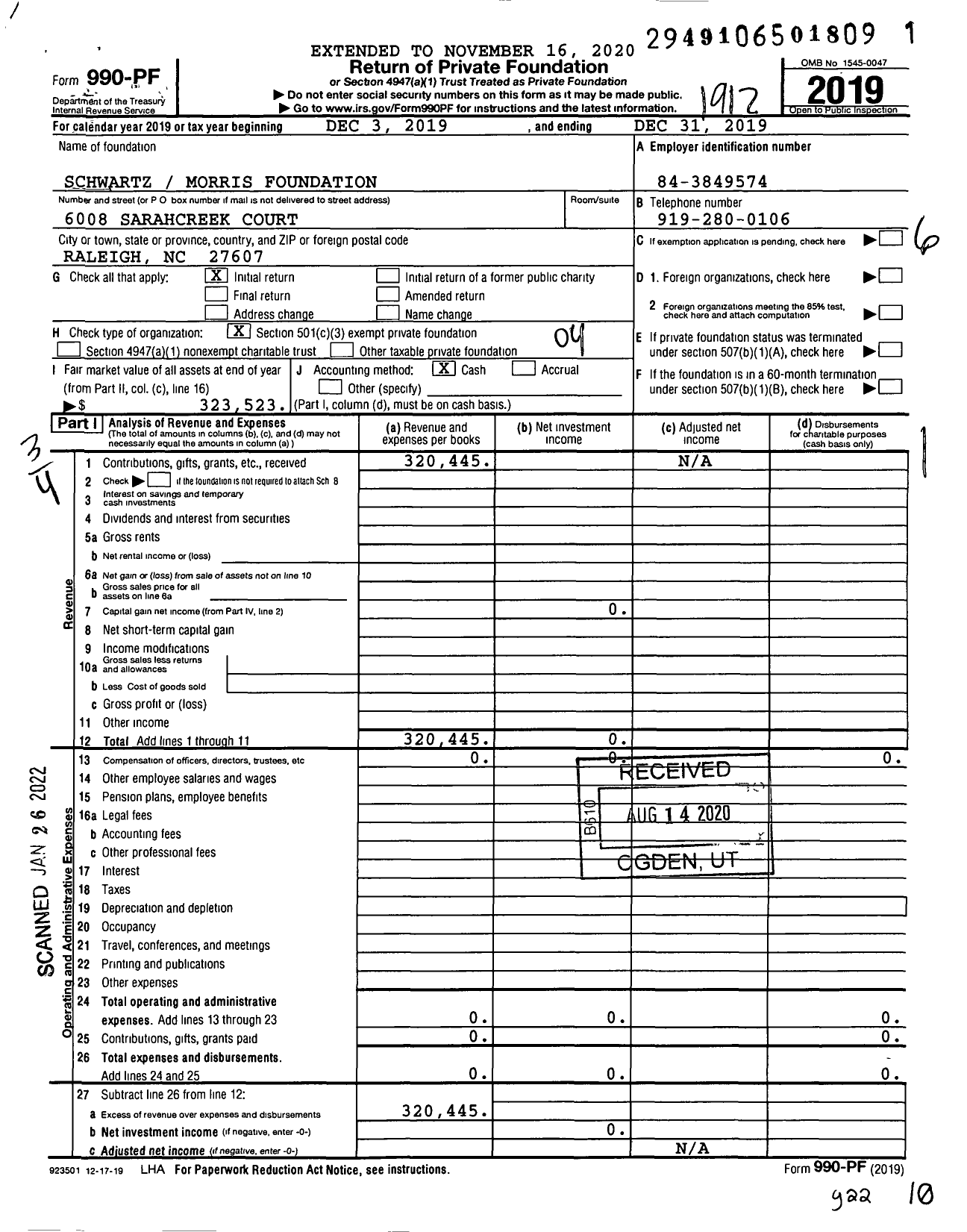 Image of first page of 2019 Form 990PF for Schwartz Morris Foundation