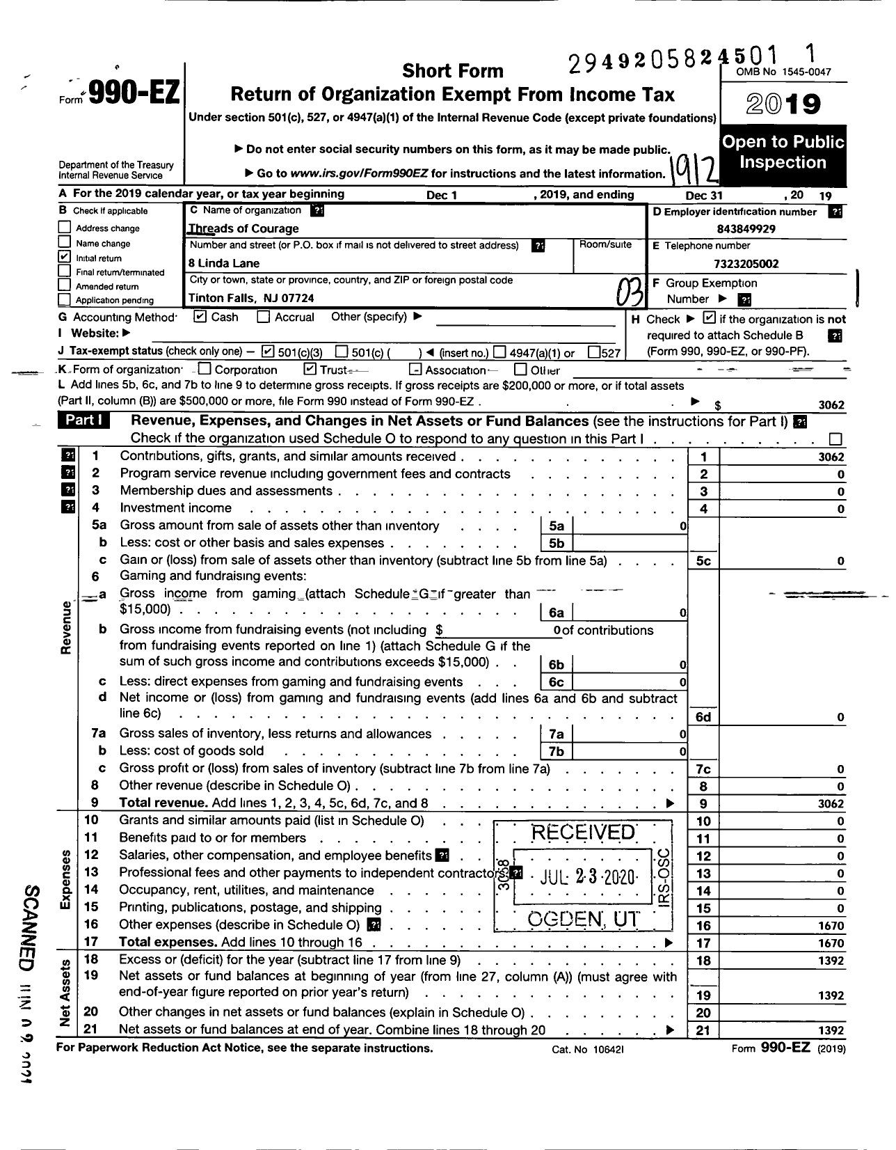 Image of first page of 2019 Form 990EZ for Threads of Courage