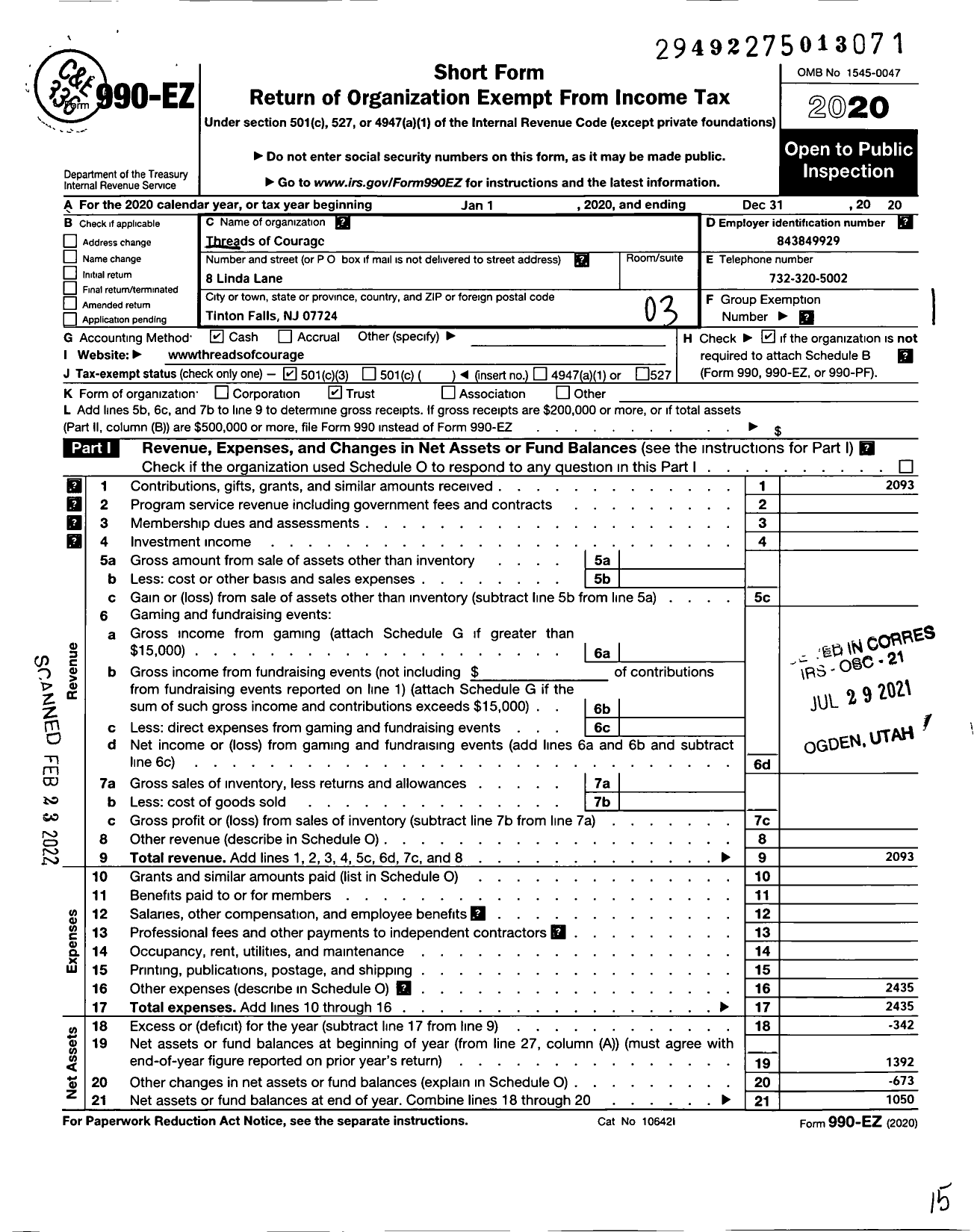 Image of first page of 2020 Form 990EZ for Threads of Courage