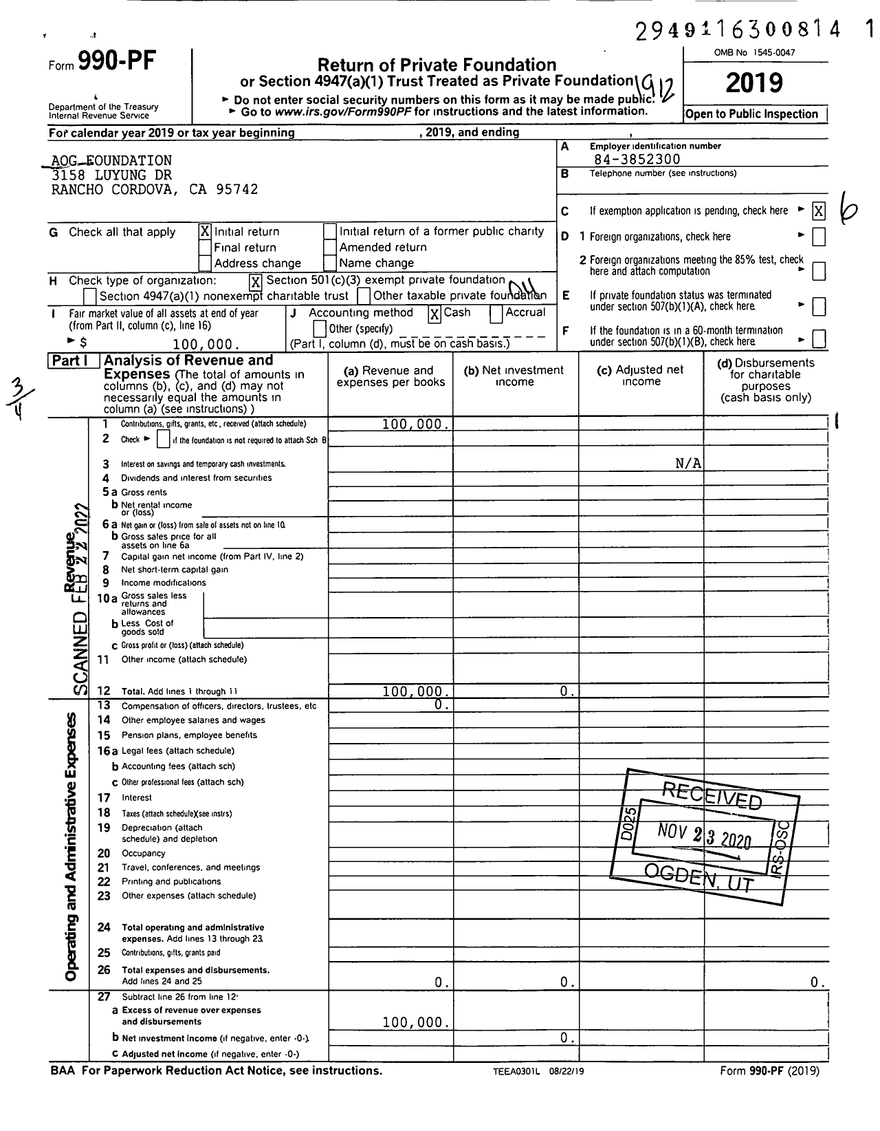 Image of first page of 2019 Form 990PF for Aog Foundation