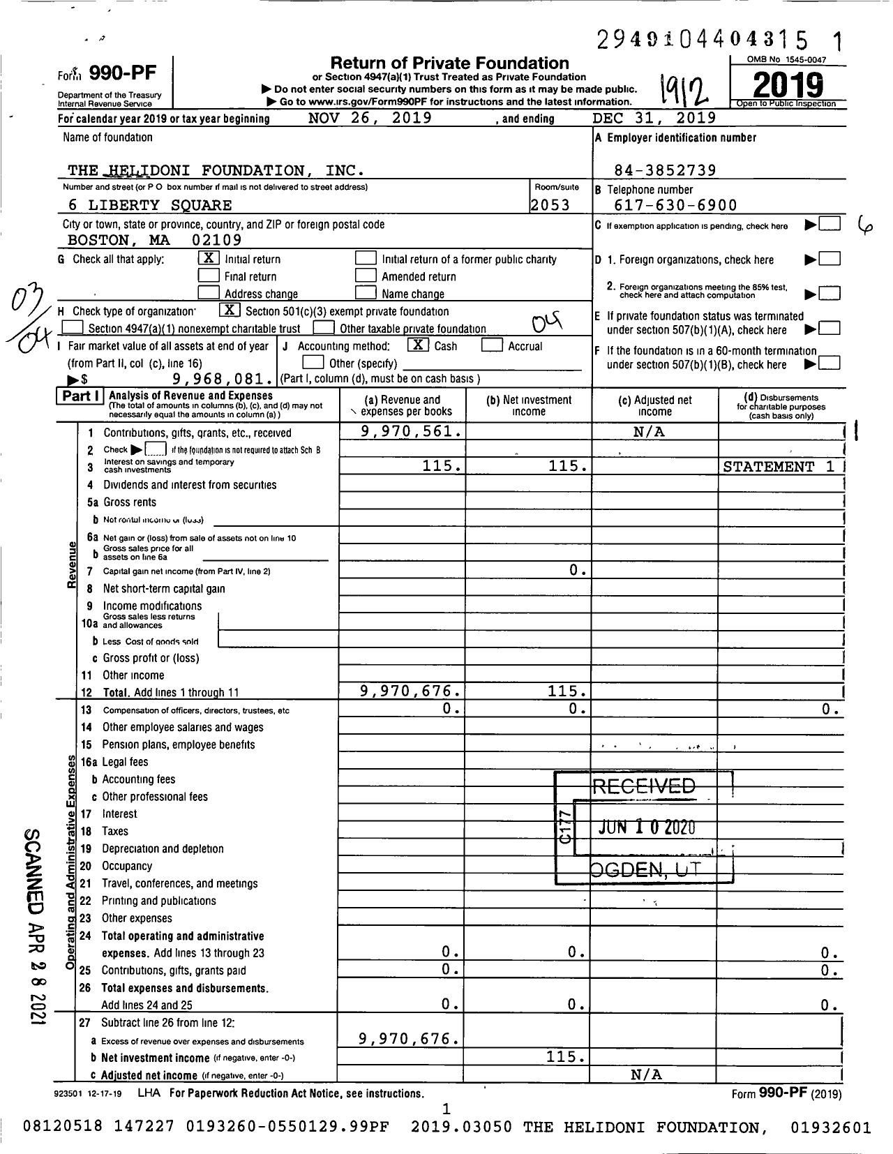 Image of first page of 2019 Form 990PF for The Helidoni Foundation