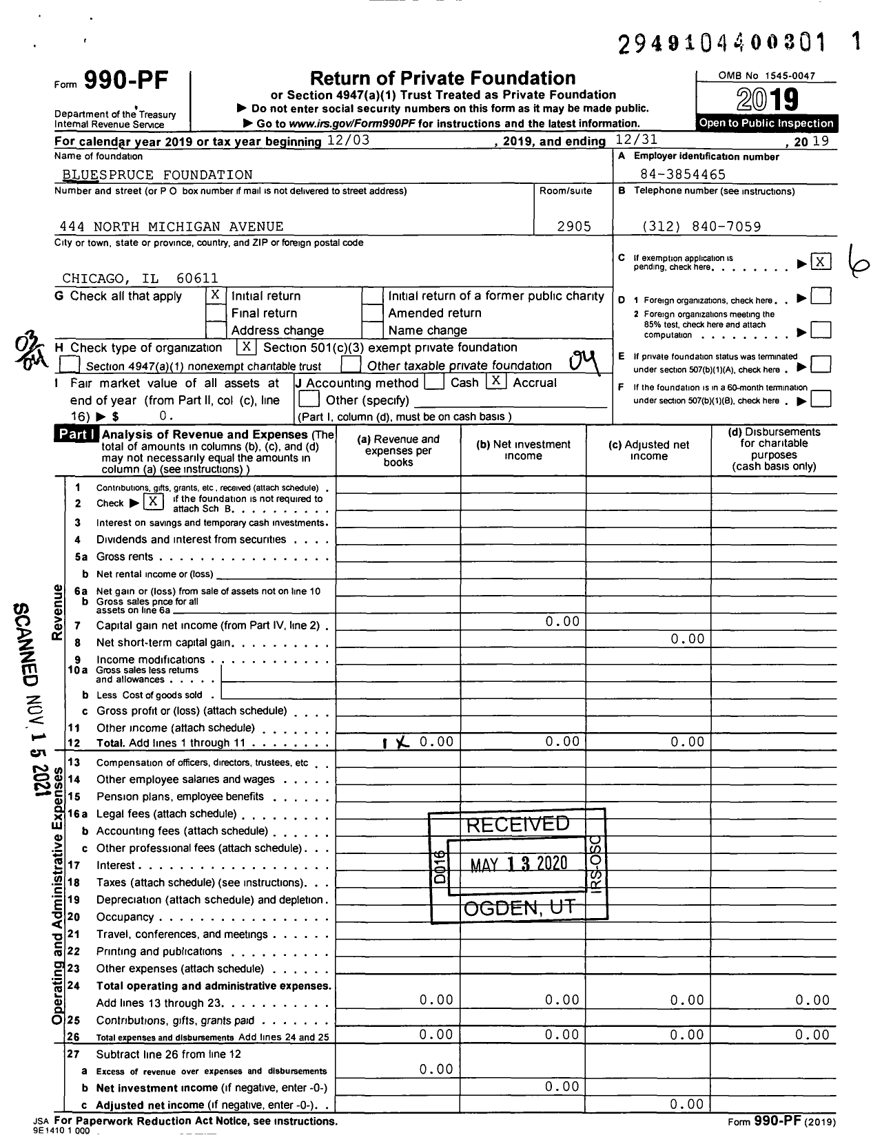 Image of first page of 2019 Form 990PF for Bluespruce Foundation