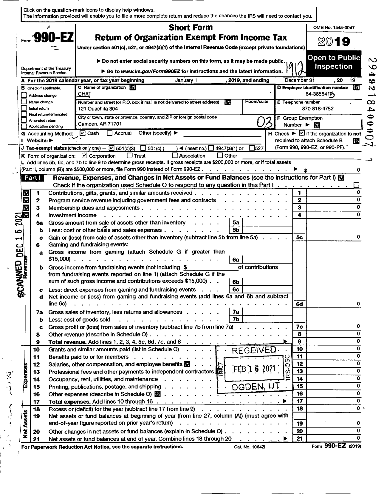 Image of first page of 2019 Form 990EZ for Changing Health Awareness Together (CHAT)