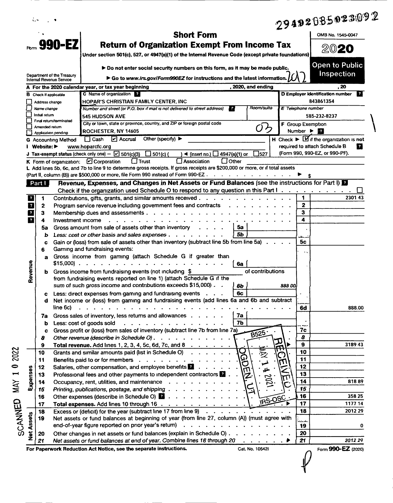 Image of first page of 2020 Form 990EZ for Hopars Christian Family Center