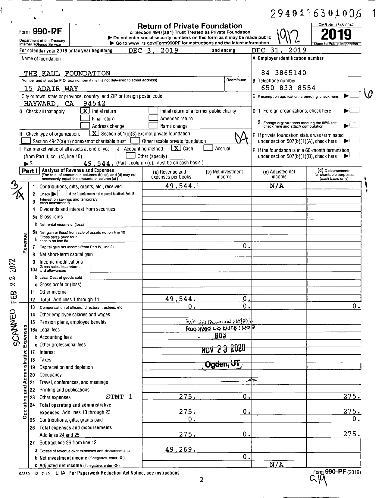 Image of first page of 2019 Form 990PF for The Kaul Foundation