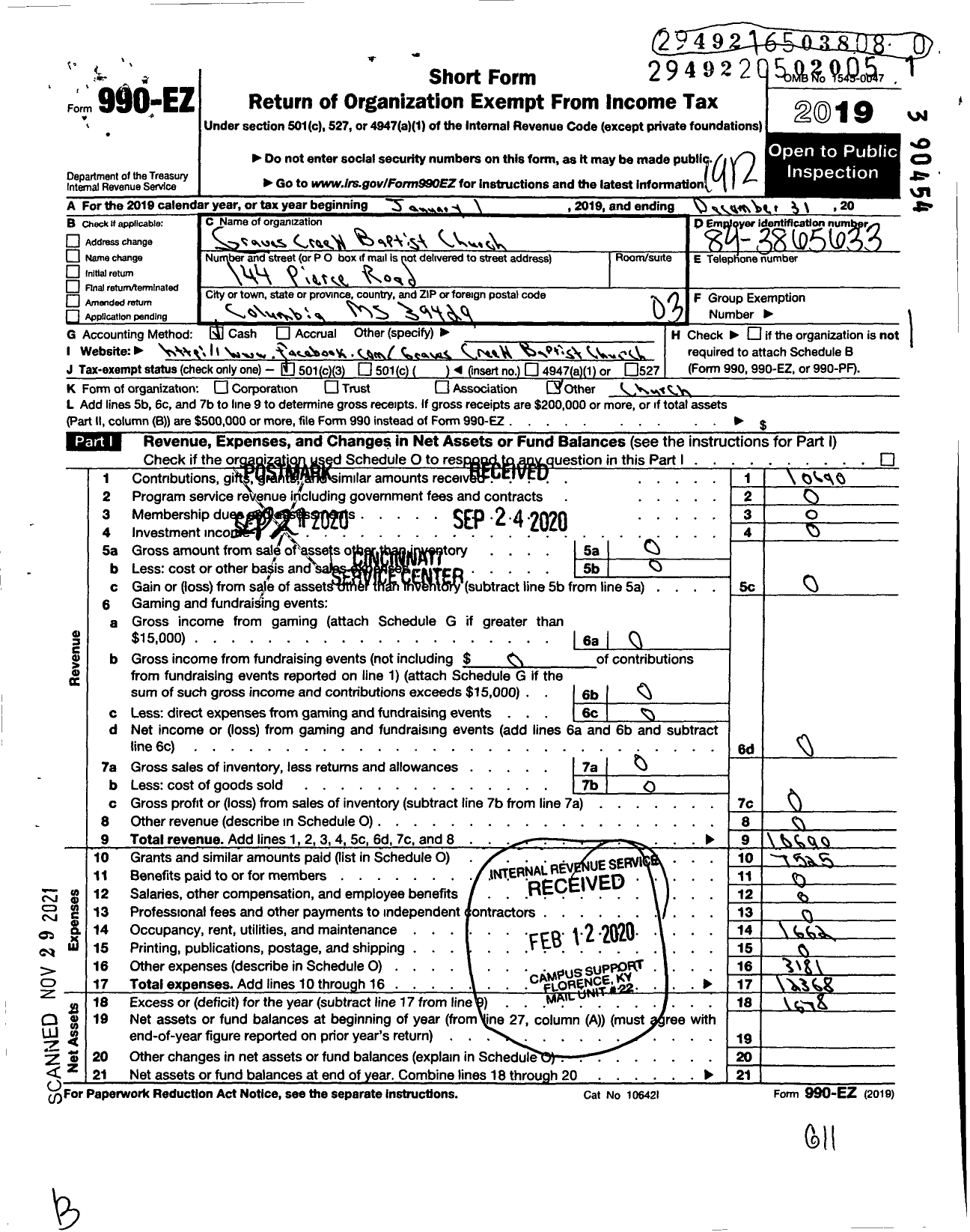 Image of first page of 2019 Form 990EZ for Graves Creek Baptist Church