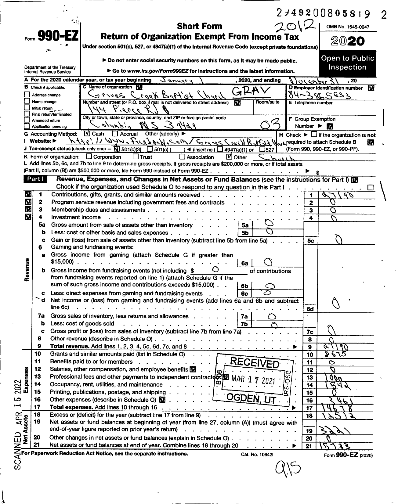 Image of first page of 2020 Form 990EZ for Graves Creek Baptist Church