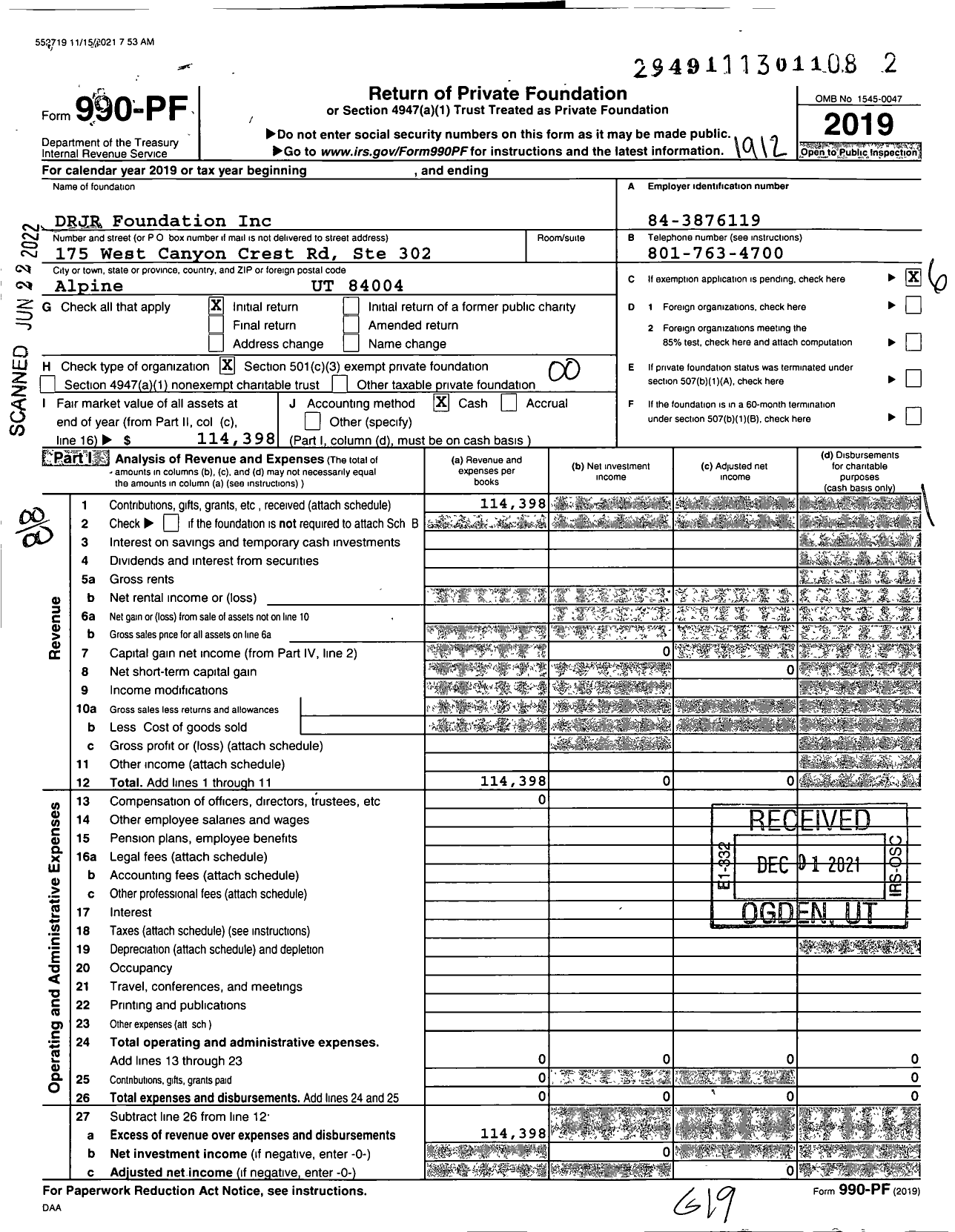 Image of first page of 2019 Form 990PF for DRJR Foundation