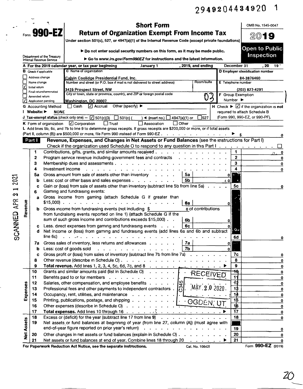 Image of first page of 2019 Form 990EZ for Calvin Coolidge Presidential Fund